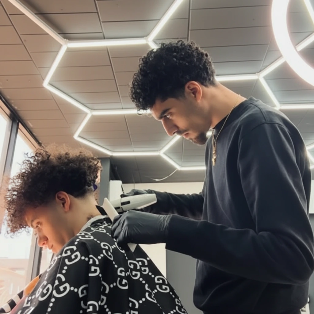 A professional barber with curly hair performing a precision fade using clippers under modern hexagon lighting.